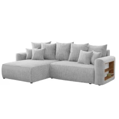 Divano letto angolare reversibile 260x160cm velluto a coste con libreria a destra grigio chiaro Mistery