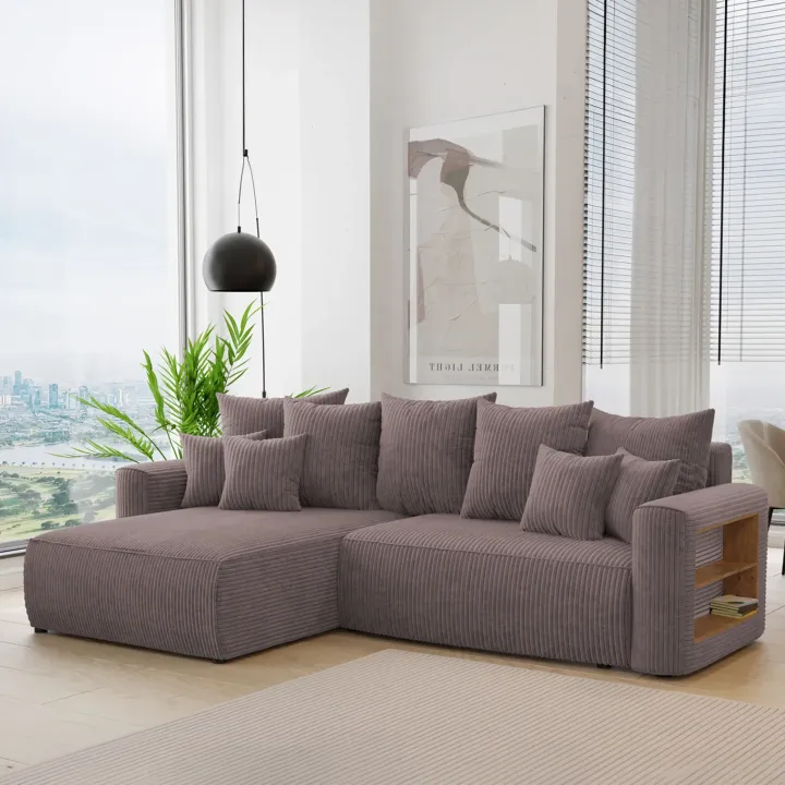 Divano letto angolare reversibile 260x160cm velluto a coste con libreria a destra marrone Mistery
