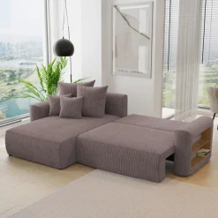 Divano letto angolare reversibile 260x160cm velluto a coste con libreria a destra marrone Mistery