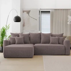 Divano letto angolare reversibile 260x160cm velluto a coste con libreria a destra marrone Mistery