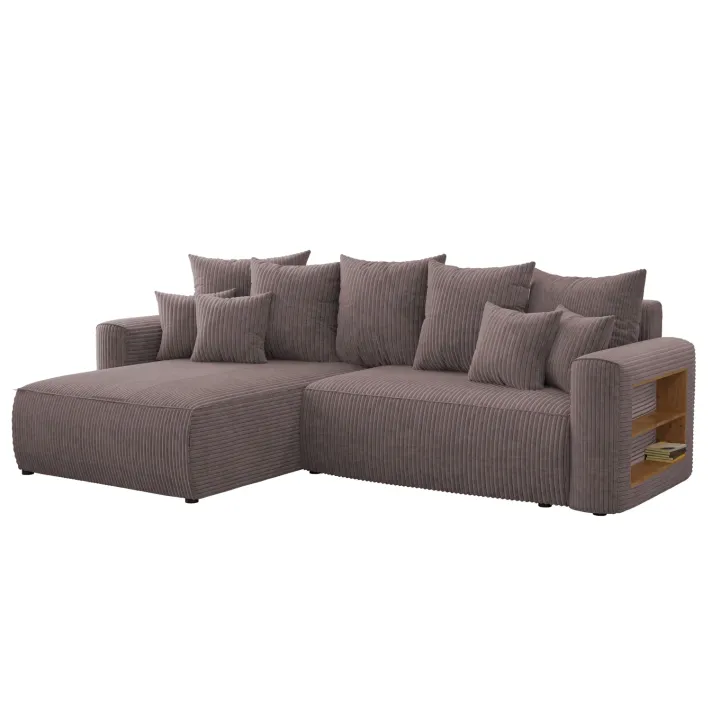 Divano letto angolare reversibile 260x160cm velluto a coste con libreria a destra marrone Mistery