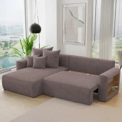 Divano letto angolare reversibile 260x160cm velluto a coste con libreria a destra marrone Mistery