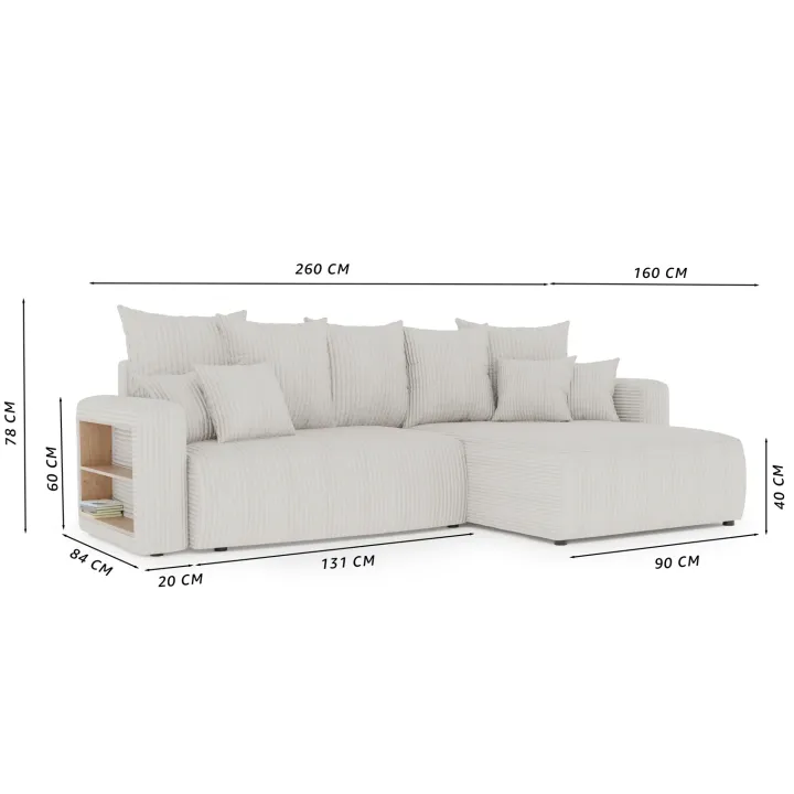 Divano letto angolare reversibile 260x160cm velluto a coste con libreria a destra marrone Mistery