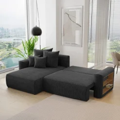 Divano letto angolare reversibile 260x160cm velluto a coste con libreria a destra nero Mistery