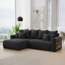 Divano letto angolare reversibile 260x160cm velluto a coste con libreria a destra nero Mistery