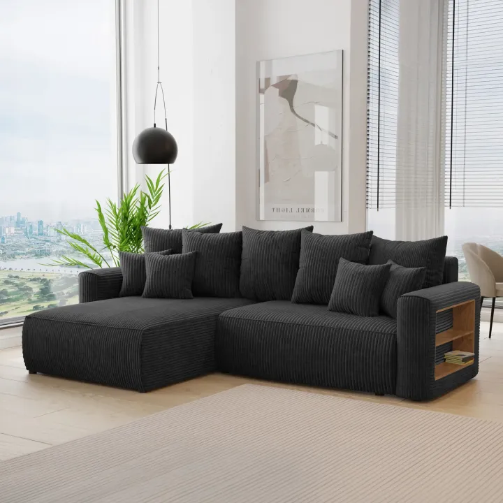 Divano letto angolare reversibile 260x160cm velluto a coste con libreria a destra nero Mistery