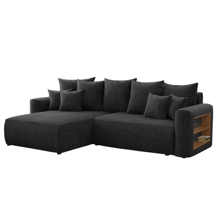 Divano letto angolare reversibile 260x160cm velluto a coste con libreria a destra nero Mistery