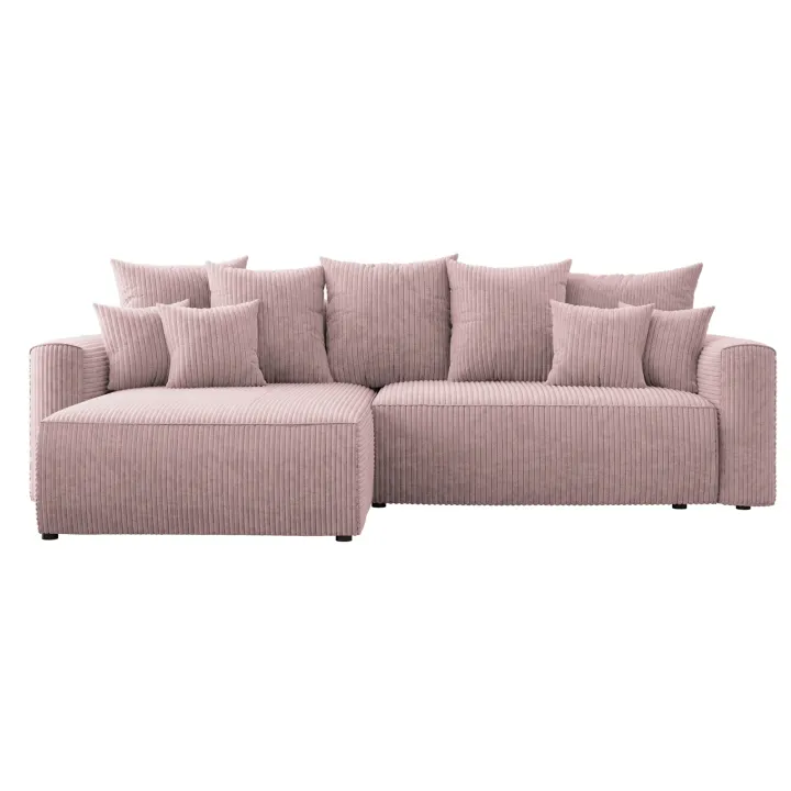 Divano letto angolare reversibile 260x160cm velluto a coste con libreria a destra rosa antico Mistery