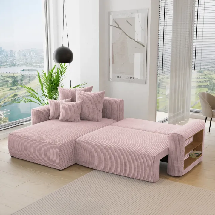 Divano letto angolare reversibile 260x160cm velluto a coste con libreria a destra rosa antico Mistery