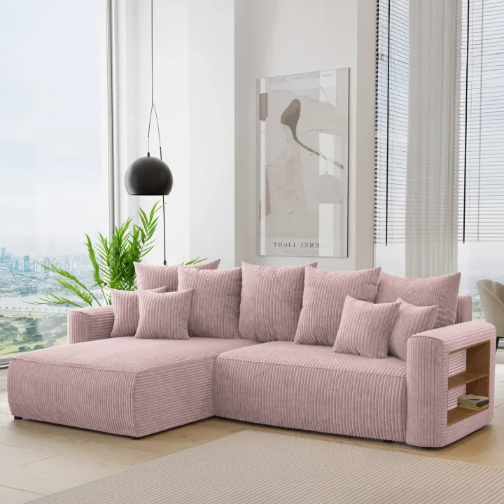 Divano letto angolare reversibile 260x160cm velluto a coste con libreria a destra rosa antico Mistery