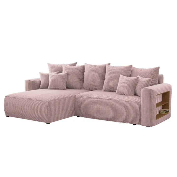 Divano letto angolare reversibile 260x160cm velluto a coste con libreria a destra rosa antico Mistery