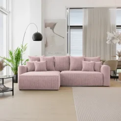 Divano letto angolare reversibile 260x160cm velluto a coste con libreria a destra rosa antico Mistery