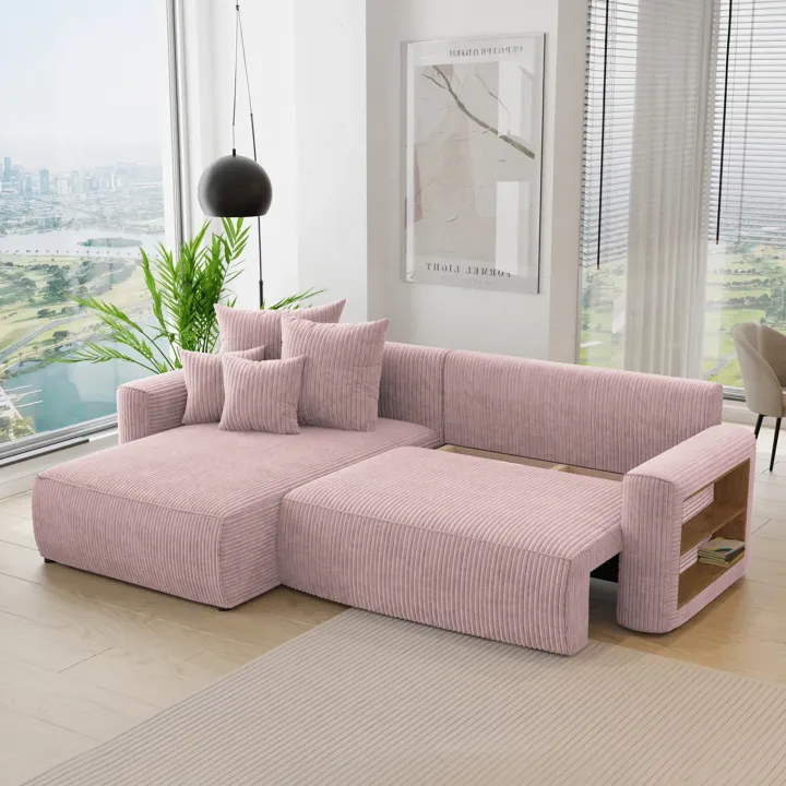 Divano letto angolare reversibile 260x160cm velluto a coste con libreria a destra rosa antico Mistery