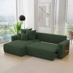 Divano letto angolare reversibile 260x160cm velluto a coste con libreria a destra verde scuro Mistery