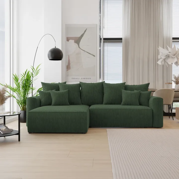 Divano letto angolare reversibile 260x160cm velluto a coste con libreria a destra verde scuro Mistery