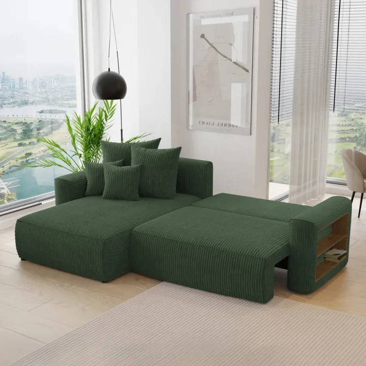 Divano letto angolare reversibile 260x160cm velluto a coste con libreria a destra verde scuro Mistery
