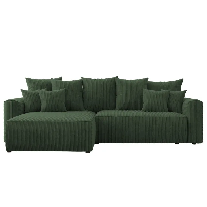 Divano letto angolare reversibile 260x160cm velluto a coste con libreria a destra verde scuro Mistery