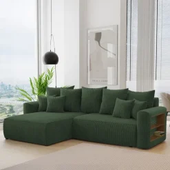 Divano letto angolare reversibile 260x160cm velluto a coste con libreria a destra verde scuro Mistery