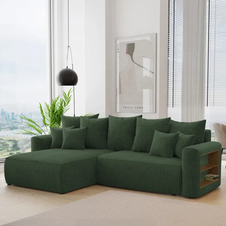 Divano letto angolare reversibile 260x160cm velluto a coste con libreria a destra verde scuro Mistery