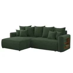 Divano letto angolare reversibile 260x160cm velluto a coste con libreria a destra verde scuro Mistery