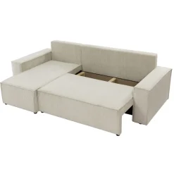 Divano letto angolare reversibile 3 posti 244x145cm con box contenitore velluto a coste beige Ploffy