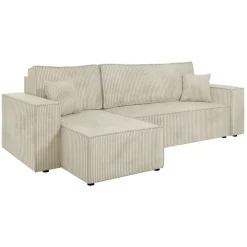 Divano letto angolare reversibile 3 posti 244x145cm con box contenitore velluto a coste beige Ploffy