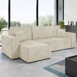 Divano letto angolare reversibile 3 posti 244x145cm con box contenitore velluto a coste beige Ploffy