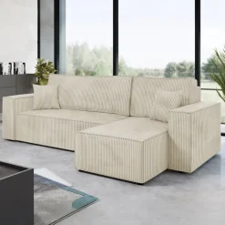 Divano letto angolare reversibile 3 posti 244x145cm con box contenitore velluto a coste beige Ploffy