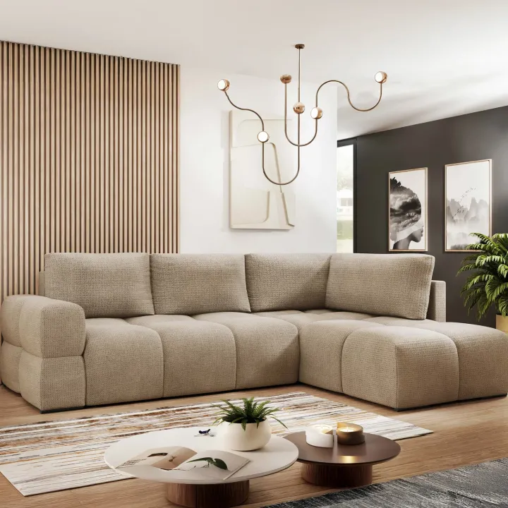 Divano letto angolare reversibile 3 posti 267x185cm box contenitore beige sabbia Sottovoce