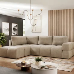Divano letto angolare reversibile 3 posti 267x185cm box contenitore beige sabbia Sottovoce