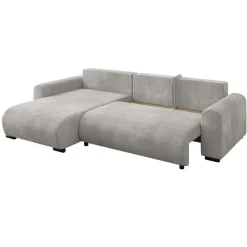 Divano letto angolare reversibile 4 posti 285x188cm con contenitore imbottito tessuto grigio Soft