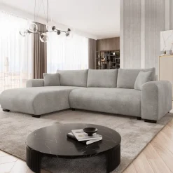 Divano letto angolare reversibile 4 posti 285x188cm con contenitore imbottito tessuto grigio Soft