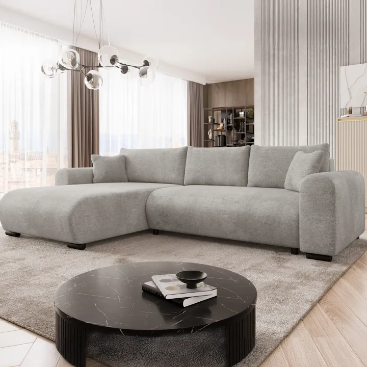 Divano letto angolare reversibile 4 posti 285x188cm con contenitore imbottito tessuto grigio Soft