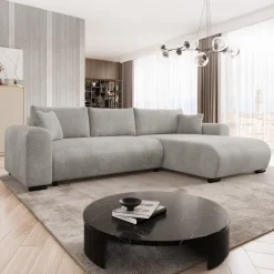 Divano letto angolare reversibile 4 posti 285x188cm con contenitore imbottito tessuto grigio Soft