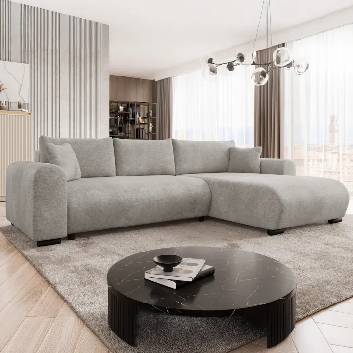 Divano letto angolare reversibile 4 posti 285x188cm con contenitore imbottito tessuto grigio Soft