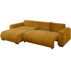 Divano letto angolare reversibile 4 posti 285x188cm con contenitore imbottito tessuto giallo senape Soft