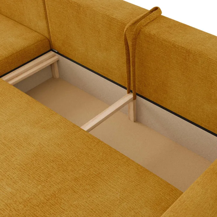 Divano letto angolare reversibile 4 posti 285x188cm con contenitore imbottito tessuto giallo senape Soft