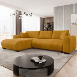 Divano letto angolare reversibile 4 posti 285x188cm con contenitore imbottito tessuto giallo senape Soft