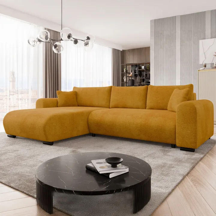 Divano letto angolare reversibile 4 posti 285x188cm con contenitore imbottito tessuto giallo senape Soft