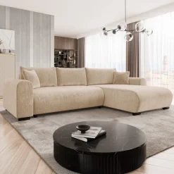 Divano letto angolare reversibile 4 posti 285x188cm con contenitore imbottito tessuto beige Soft