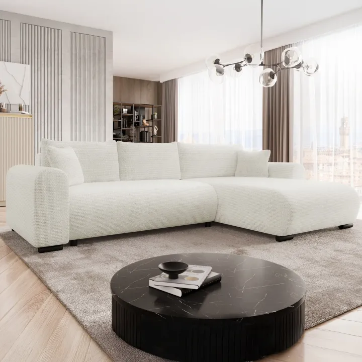 Divano letto angolare reversibile 4 posti 285x188cm con contenitore a trama spessa bianco Soft