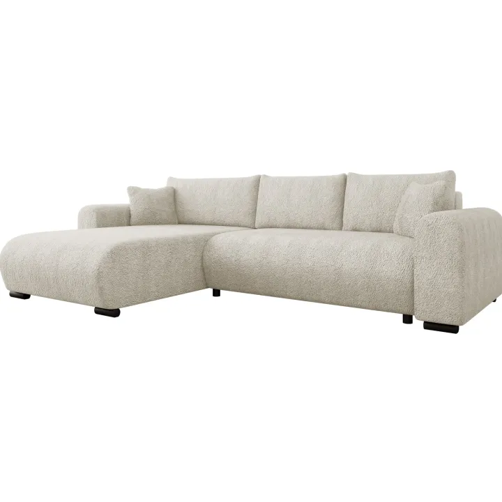 Divano letto angolare reversibile 4 posti 285x188cm con contenitore tessuto bouclé beige chiaro Soft