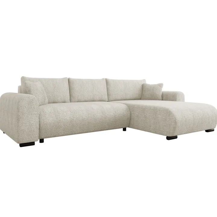 Divano letto angolare reversibile 4 posti 285x188cm con contenitore tessuto bouclé beige chiaro Soft