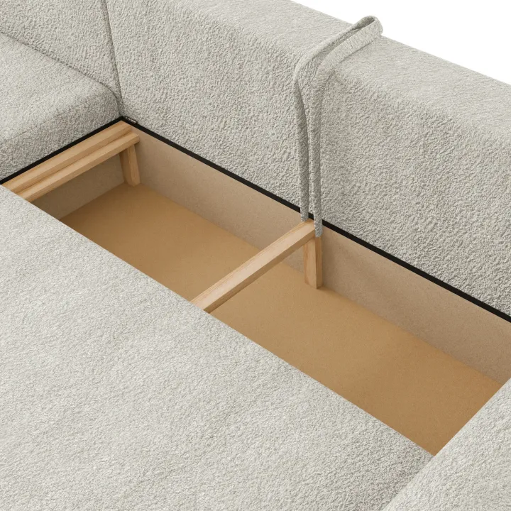 Divano letto angolare reversibile 4 posti 285x188cm con contenitore tessuto bouclé beige chiaro Soft