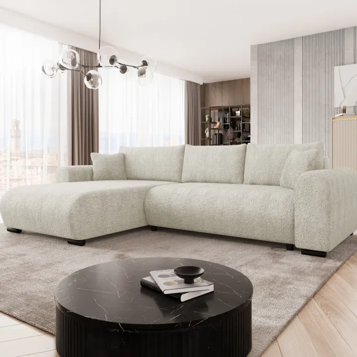 Divano letto angolare reversibile 4 posti 285x188cm con contenitore tessuto bouclé beige chiaro Soft