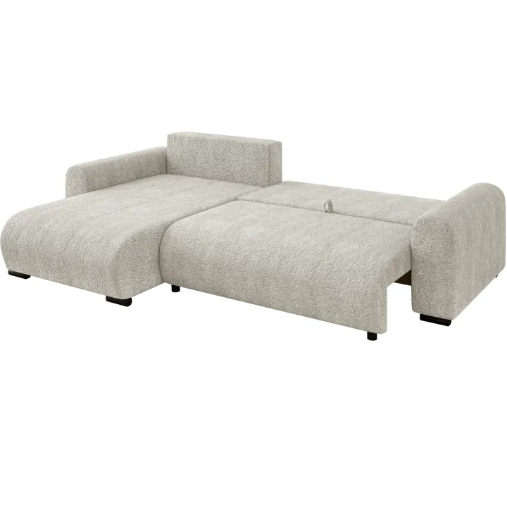 Divano letto angolare reversibile 4 posti 285x188cm con contenitore tessuto bouclé beige chiaro Soft