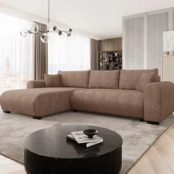 Divano letto angolare reversibile 4 posti 285x188cm con contenitore tessuto bouclé marrone chiaro Soft
