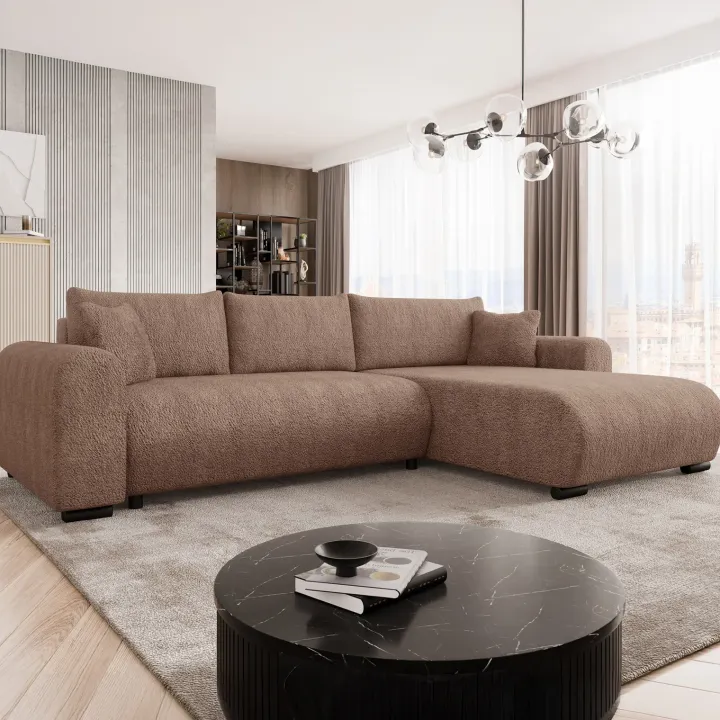 Divano letto angolare reversibile 4 posti 285x188cm con contenitore tessuto bouclé marrone chiaro Soft