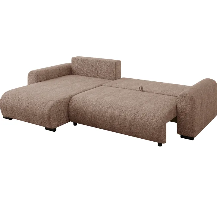 Divano letto angolare reversibile 4 posti 285x188cm con contenitore tessuto bouclé marrone chiaro Soft