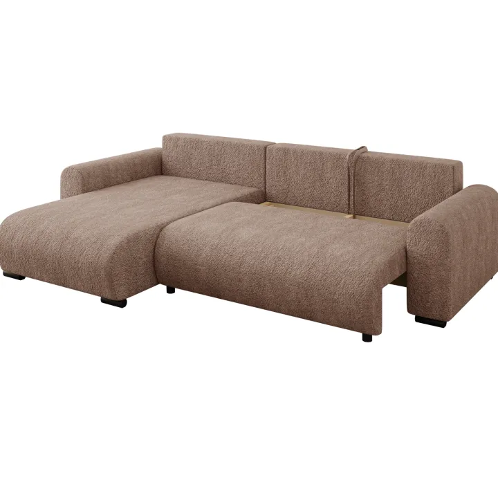 Divano letto angolare reversibile 4 posti 285x188cm con contenitore tessuto bouclé marrone chiaro Soft